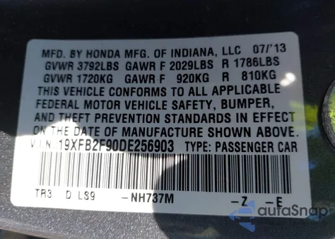 2013 Honda Civic Ex-L z USA, uszkodzony, nr VIN 19XFB2F90DE256903